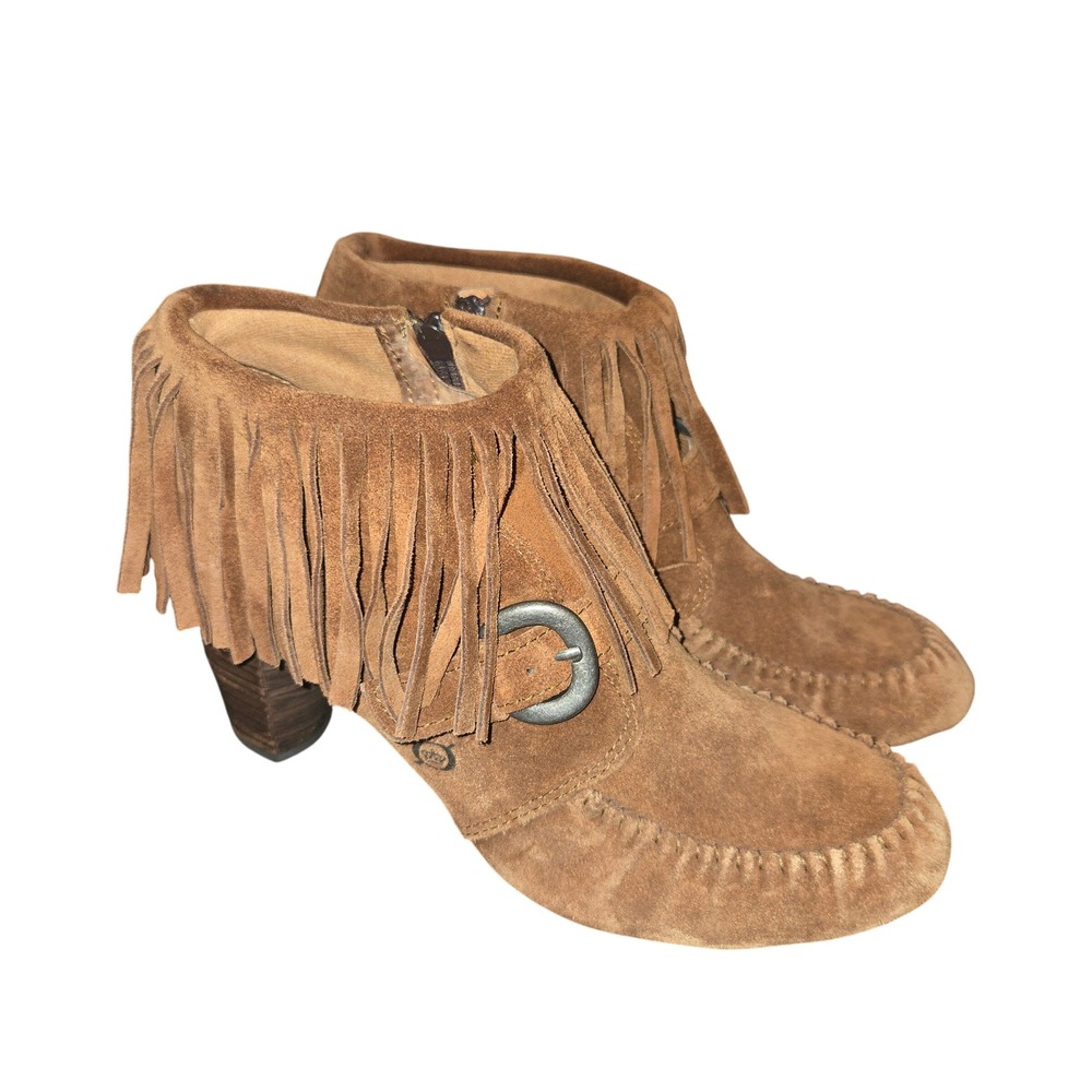 Born Thora W92012 Fringe Ankle Boots Womens 9.5 Brown Suede Moccasin Heel Bootie